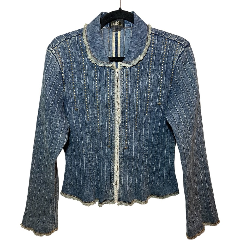 Rare! ISABEL Women's L Denim Jacket Blue Jean embellished Zipper Front fringe